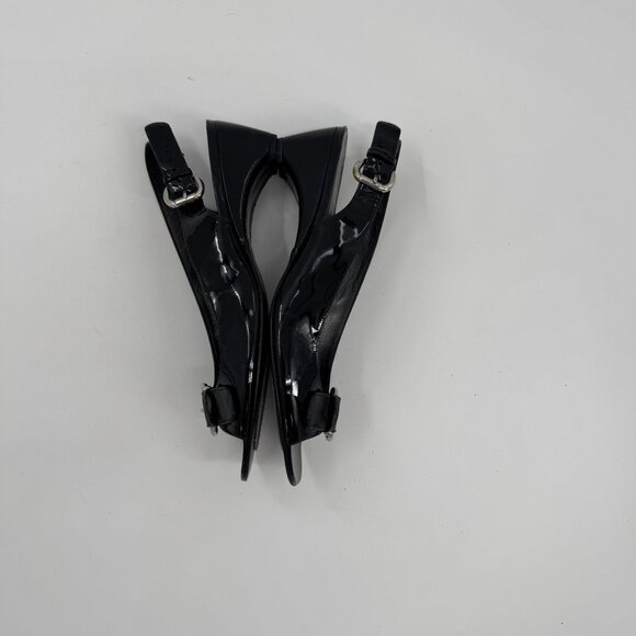 Stuart Weitzman Patent Leather Peep-Toe Slingback Heels Silver Buckle Narrow 8SS - Picture 6 of 10